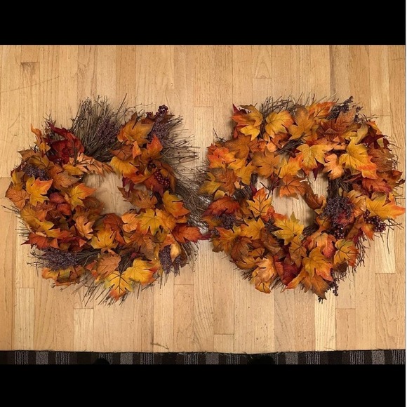 Other - Set of 2 Fall Autumn Leaf Wreaths Harvest Decor 20" lightweight twigs leaves